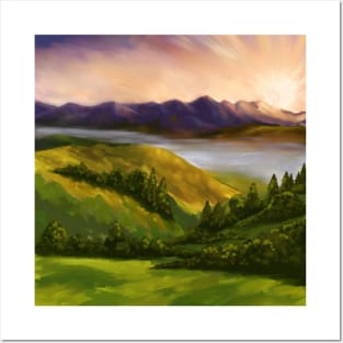 Sunset Mountains Landscape Oil Painting Posters and Art